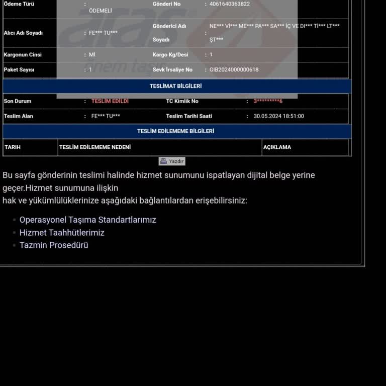 Aras Kargo Kargoda Teslim Edilmeyen Ürün