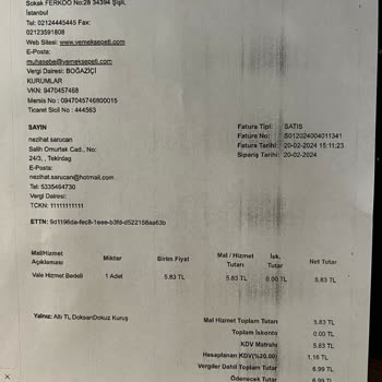 Yemeksepeti Almadığım Vale Hizmetine Kesilen Fatura