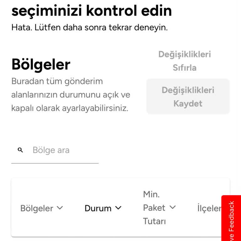 Yemeksepeti Hata Bildirim Ekranı