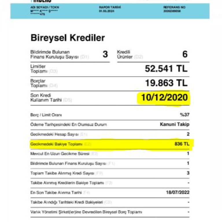 Findeks Gecikmedeki Bakiye Toplamı