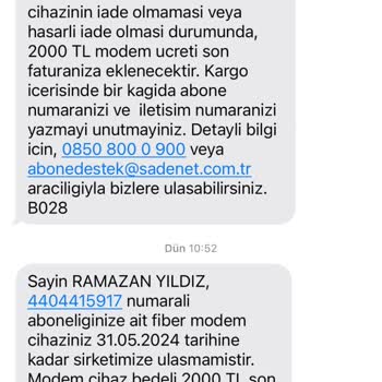 Sadenet Modemi İade Etmeme Rağmen Para İstiyorlar.