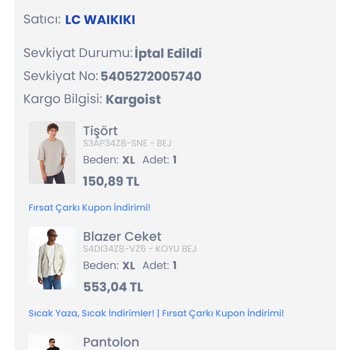 LCW Ürünlerimi Göndermedi Ve 9 Gün Sonrasında İptal Etti.