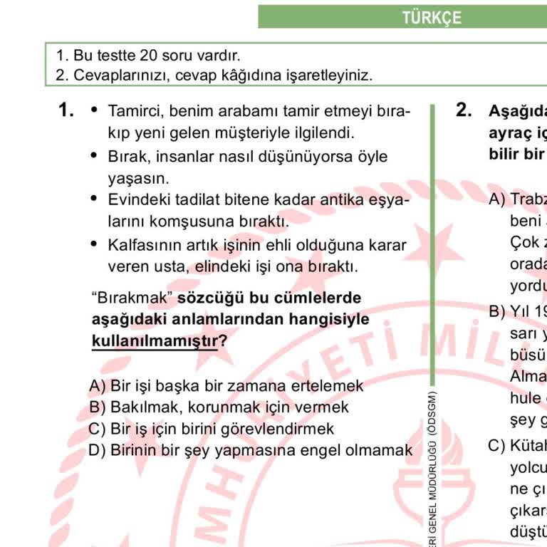 Milli Eğitim Bakanlığı (MEB) LGS 2024 Türkçe 1