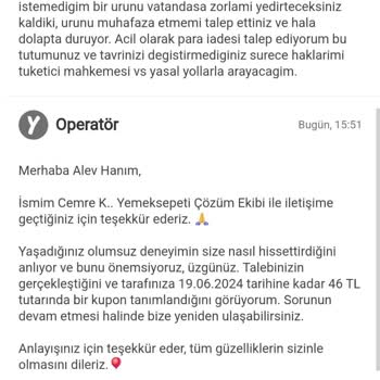 Yemeksepeti Müşteri Mağduriyetini Gidermemesi Şikayeti