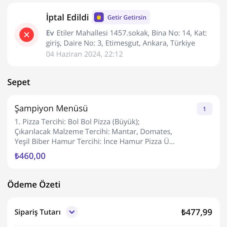 Getir Yemek Sipariş Teslim Etmediği Halde Parasını İade Etmiyor.