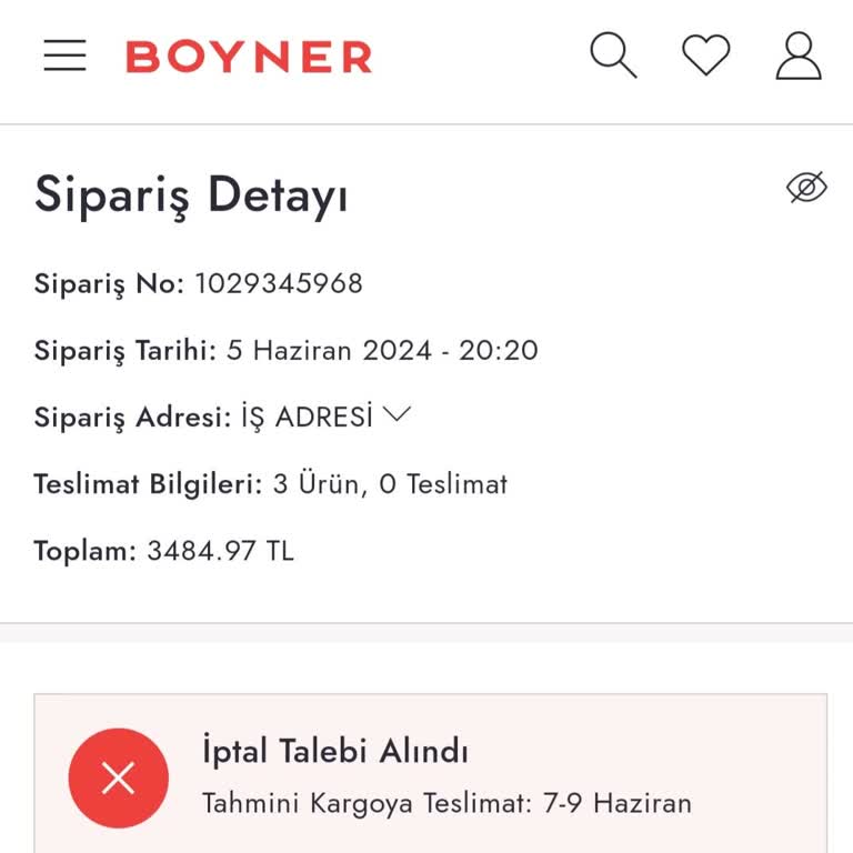 Boyner Tek Taraflı Sipariş İptali