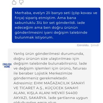 English Home Yanlış Gönderilen Ürün, Yanlış Yönlendirme