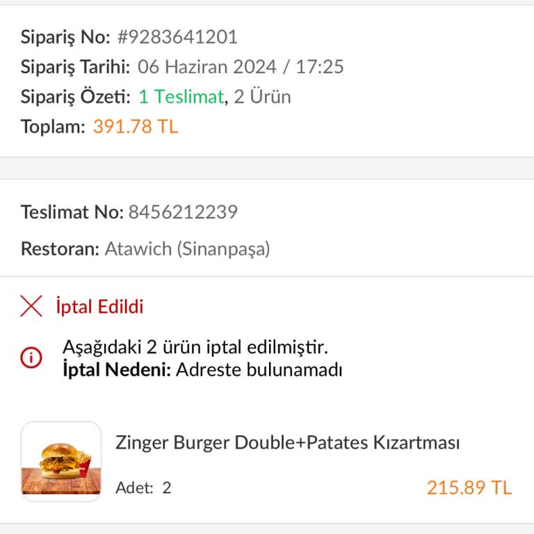 Trendyol GO İptal Olan Yemek