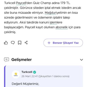Quizchamp Ödeme Turkcell Faturaya Yansıtıldı.