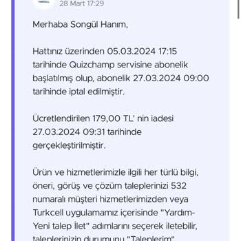 Quizchamp Ödeme Turkcell Faturaya Yansıtıldı.