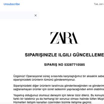 Zara Siparişimi İptal Etti, Ücret İadesi Talebi