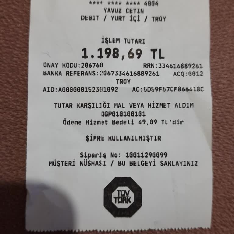 TÜVTÜRK Kredi Kartından Kesilen Komisyon