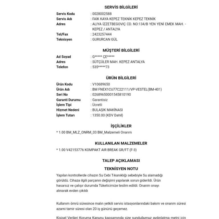 Vestel Bulaşık Makinesi Su Cebi 3000 TL