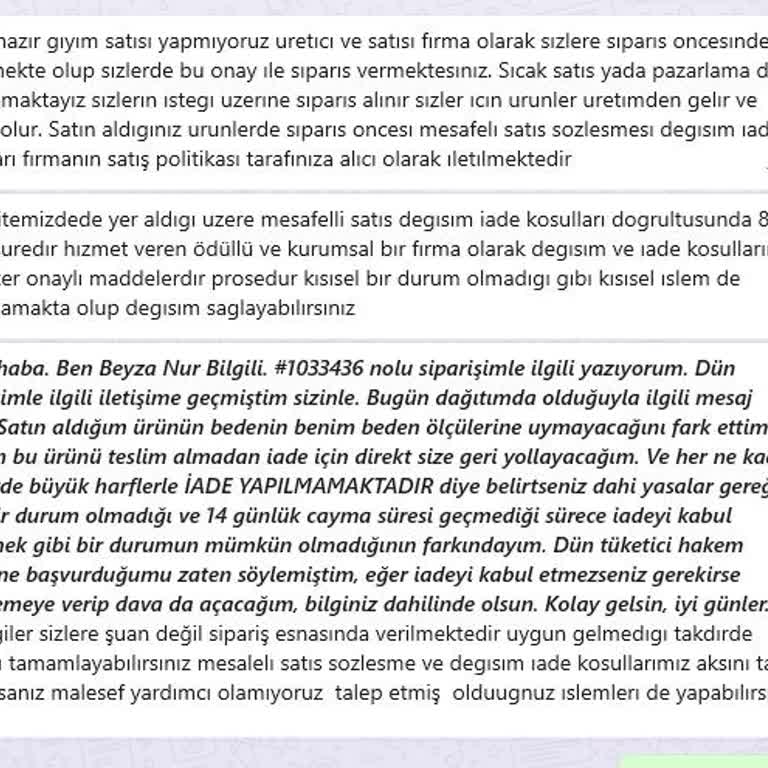 Kıyafet Sepeti İade Kabul Etmemesi