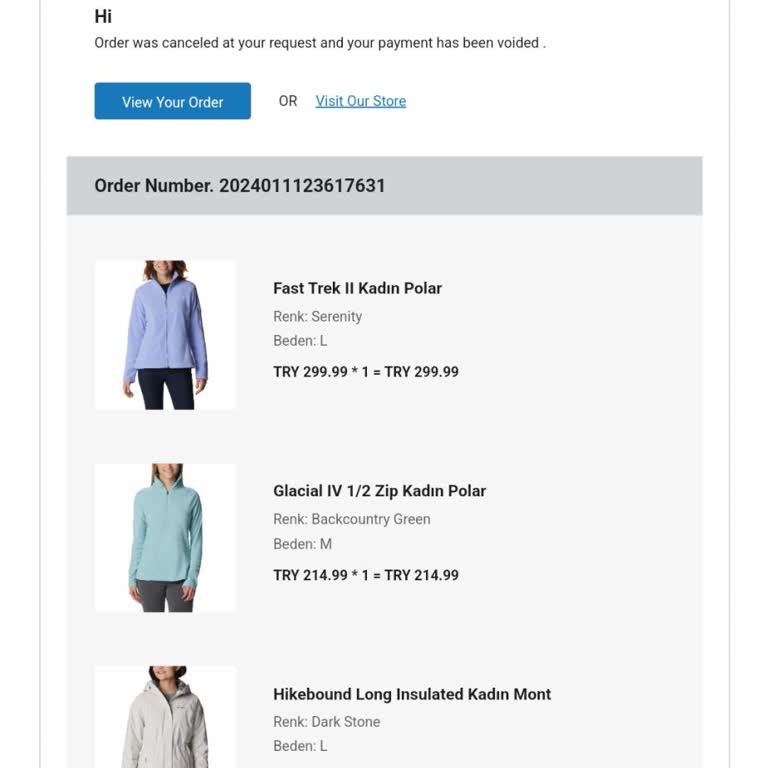 Columbia Para İadesi İstiyorum.