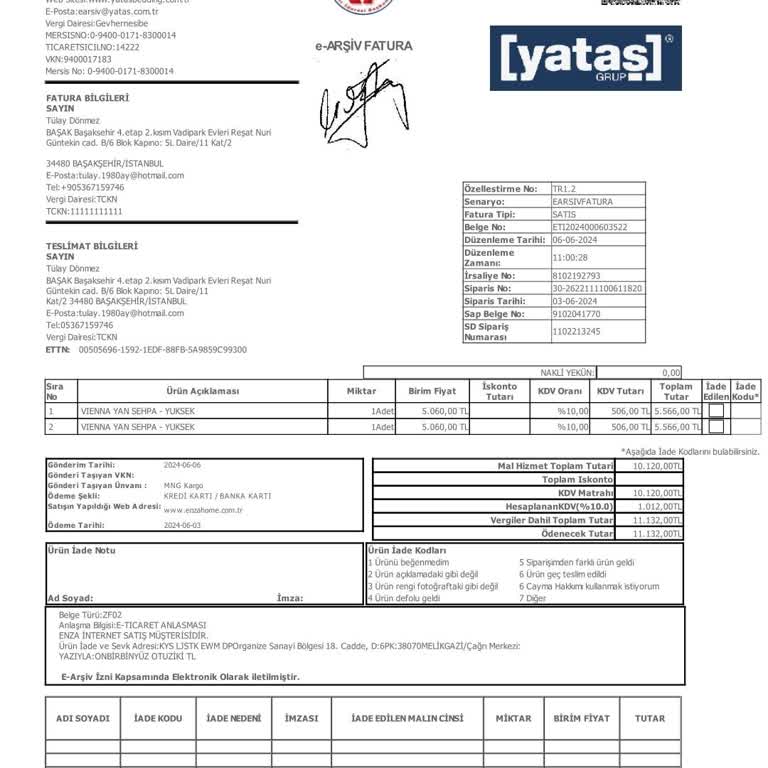 Enza Home (Yataş) İade Hakkında