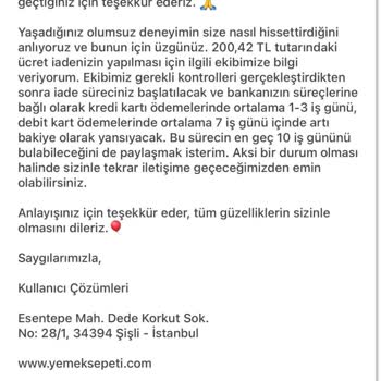 Yemeksepeti Kapıda Ödeme Sonrası Eksik Ürün Sorunu Hk.