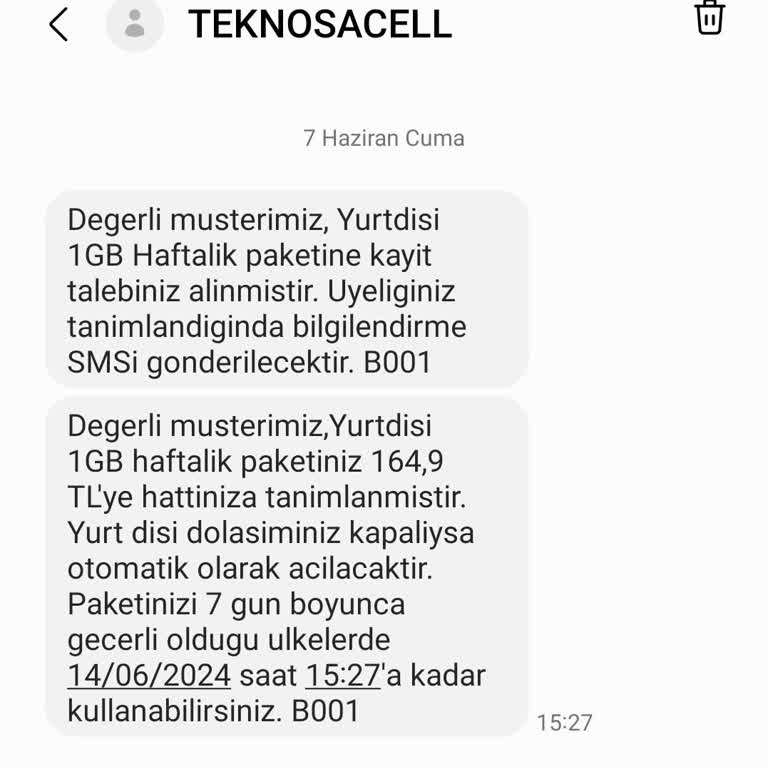 TeknosaCell Yurt Dışı 1GB Haftalık Paket