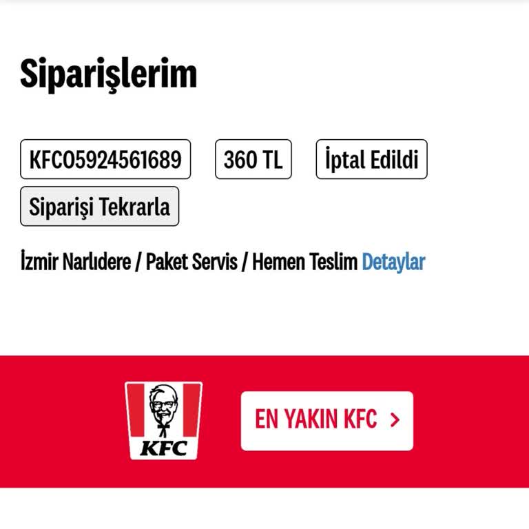 KFC Para İadesiz Sipariş İptali