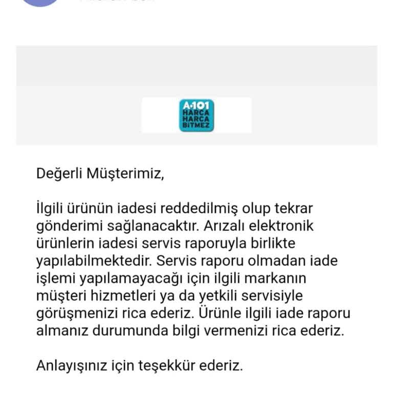 A101 Kusurlu Ürün Gönderilmesi