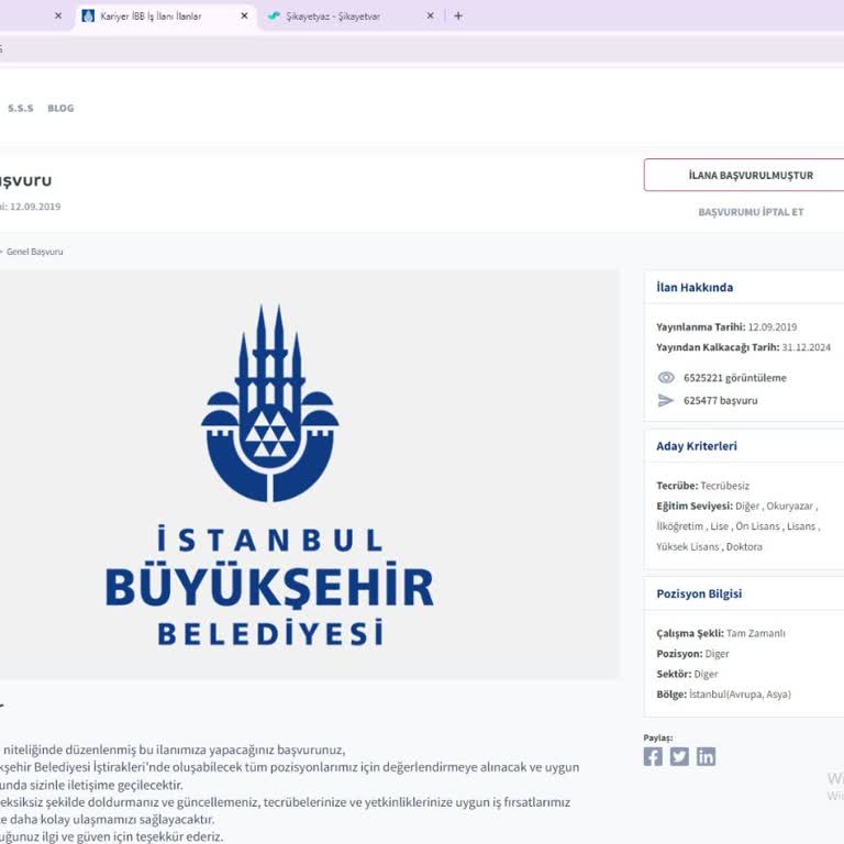 İBB - İstanbul Büyükşehir Belediyesi Kariyeribb ( Başvuru Tarihi & Referans No ) Hk.