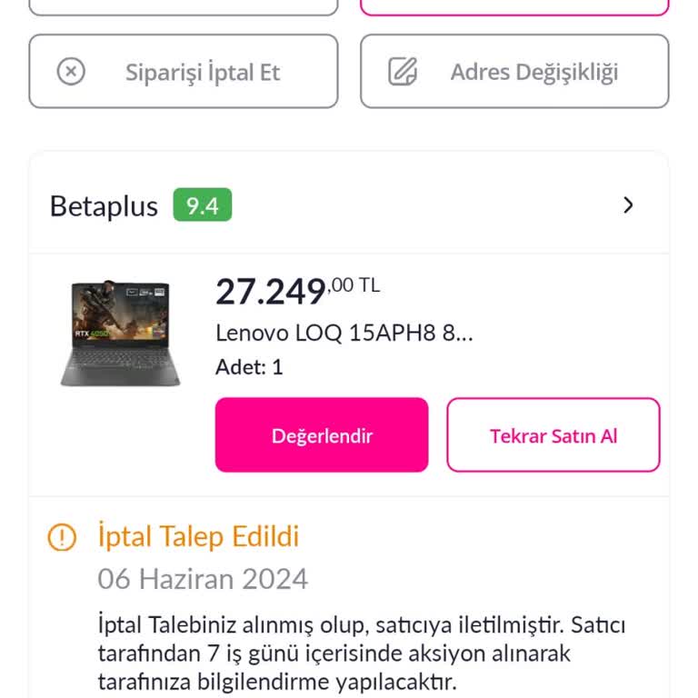Betaplus Siparişi İptal Etmiyor