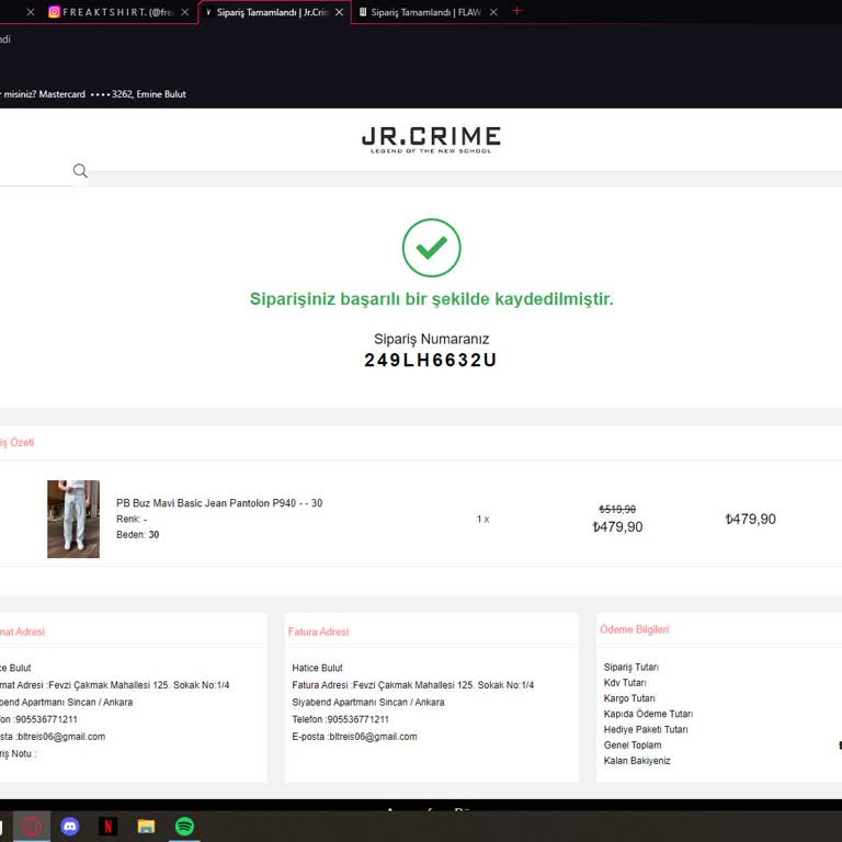 Jr.Crime Sipariş Görünmüyor Ve Kargo Takibi Yapılamıyor