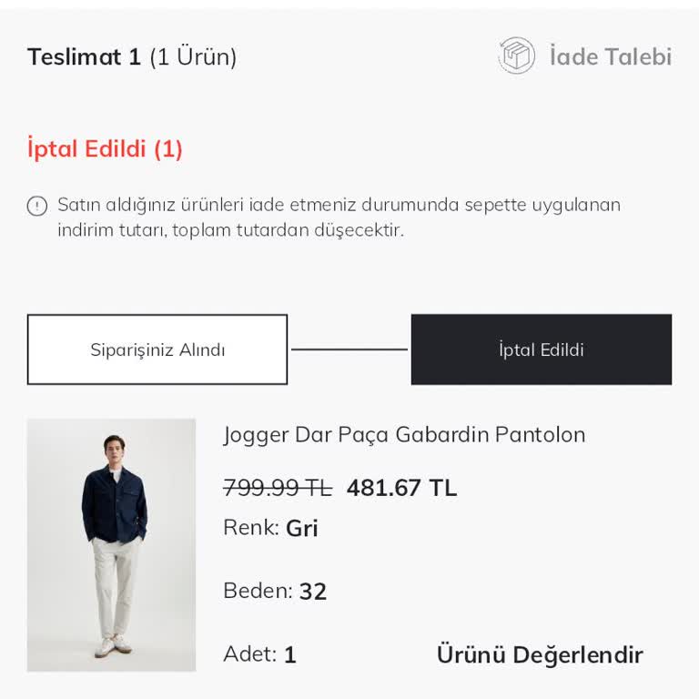 DeFacto Stoktayken Satın Aldığım Ürünün İptali.