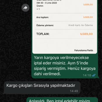 Sanal Yağ Market İlgisizliği. Ürün Kargoya Verilmiyor