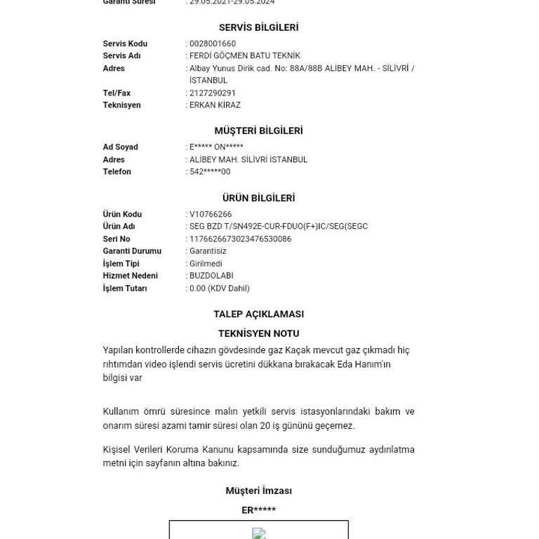 SEG Buzdolabının Tamirini İstiyorum