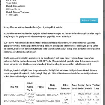 Kuzey Marmara Otoyolu Geçiş İhlali Yapılması Ve İcraya Verilen Borç