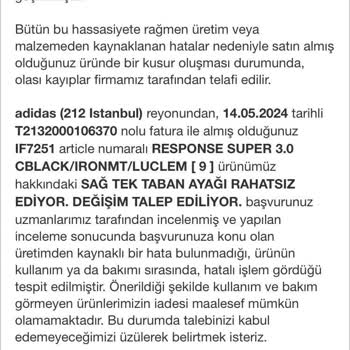 212 AVM Adidas Ayakkabı Aldım. Sağ Ayakkabı Tabanı Rahatsız Ediyordu.
