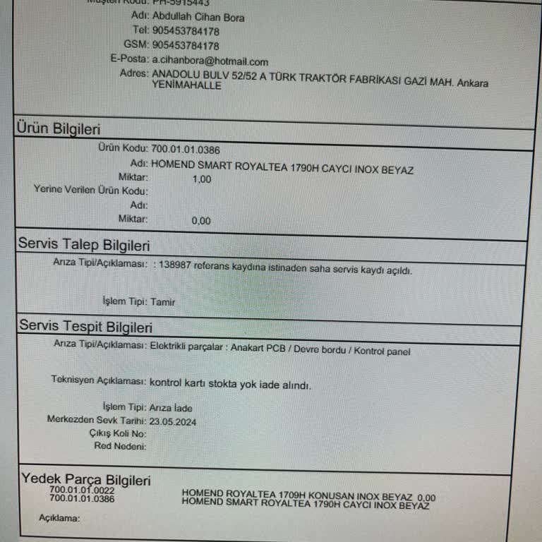 Homend Garanti Kapsamındaki Ürüne Destek Vermiyor