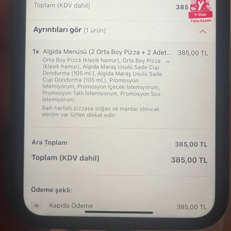 Domino's Pizza Yemek Sepeti Ürün Notu Bölümü