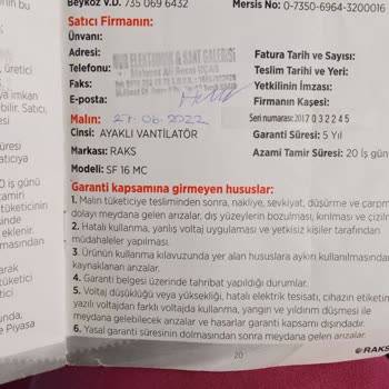Raks Vantilatör Garanti Sorunu