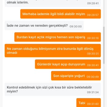 Migros Hemen Açılmış Yoğurt Gönderip İade İçin Aramıyor.