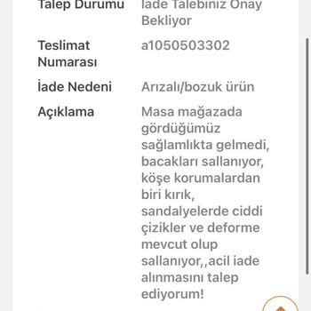 KOÇTAŞ'TAN Üretim Hatalı Gelen Masa Sandalye Takımı