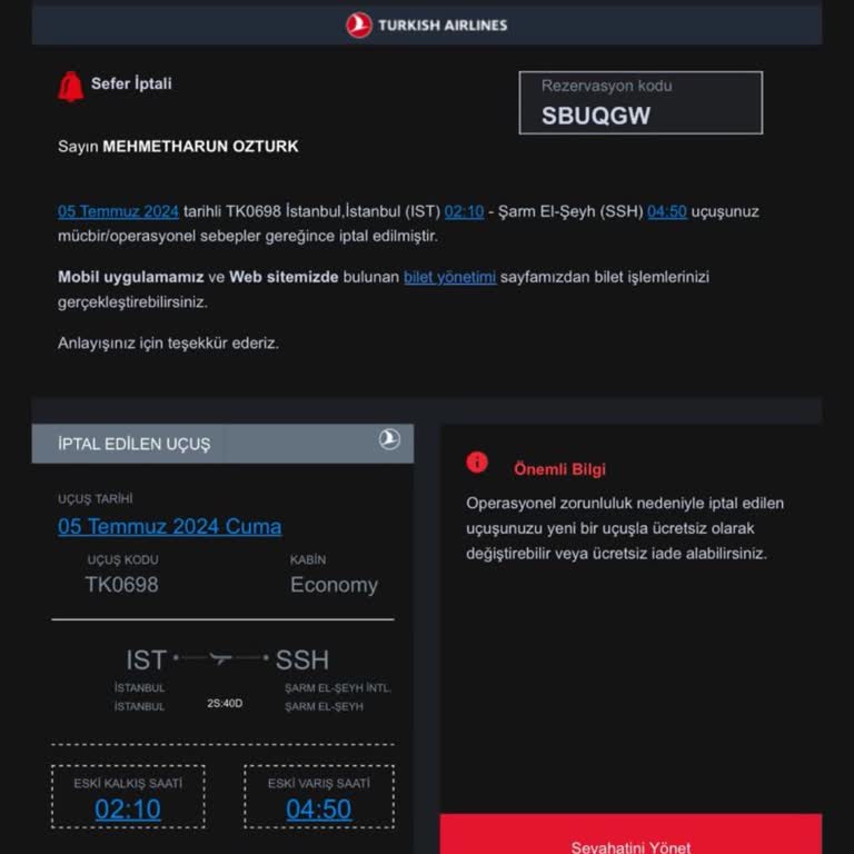  Türk Hava Yolları Uçuş İptali