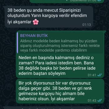 Beyhan Butik Siparişi Oluşturduktan Sonra Beden Kalmadı Deniliyor