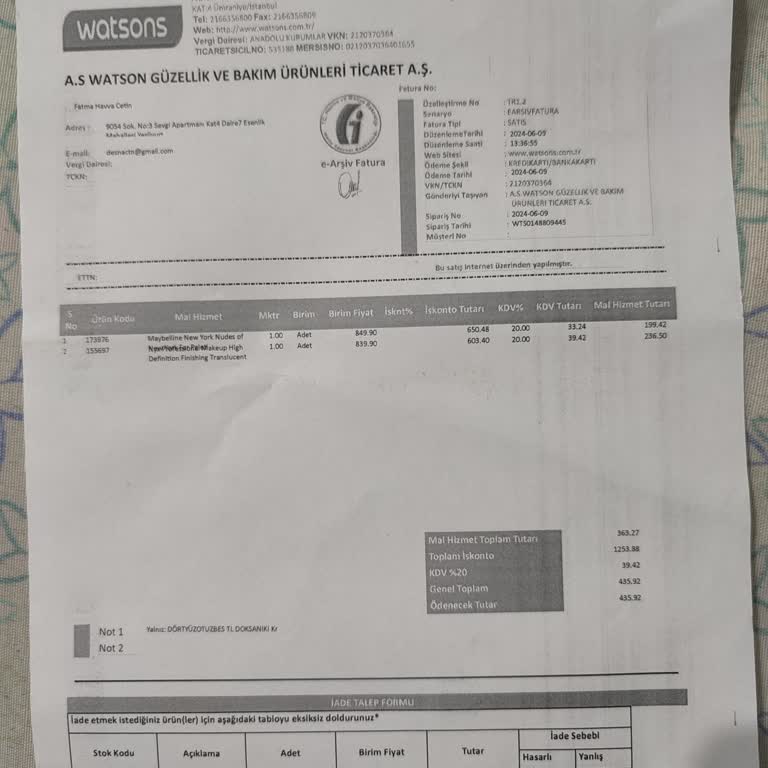 Watsons Hasarlı Ürün Gönderildi