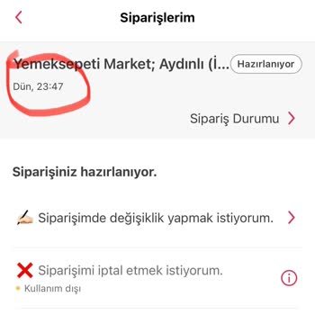 Yemeksepeti Market Aydınlı Şubesi Sorumsuzluğu