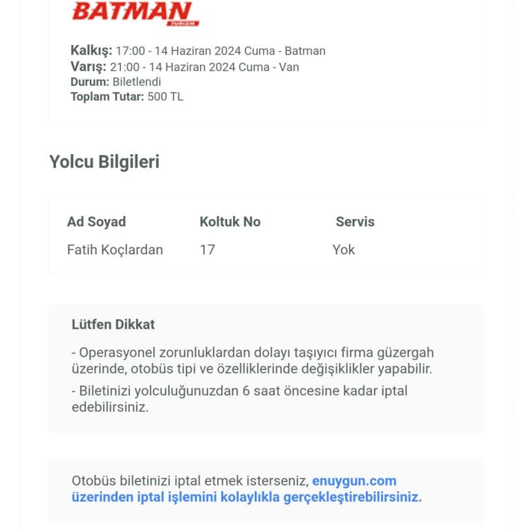 Lider Batman Turizm, Enuygun.com. Bilet İptal. Para İadesi
