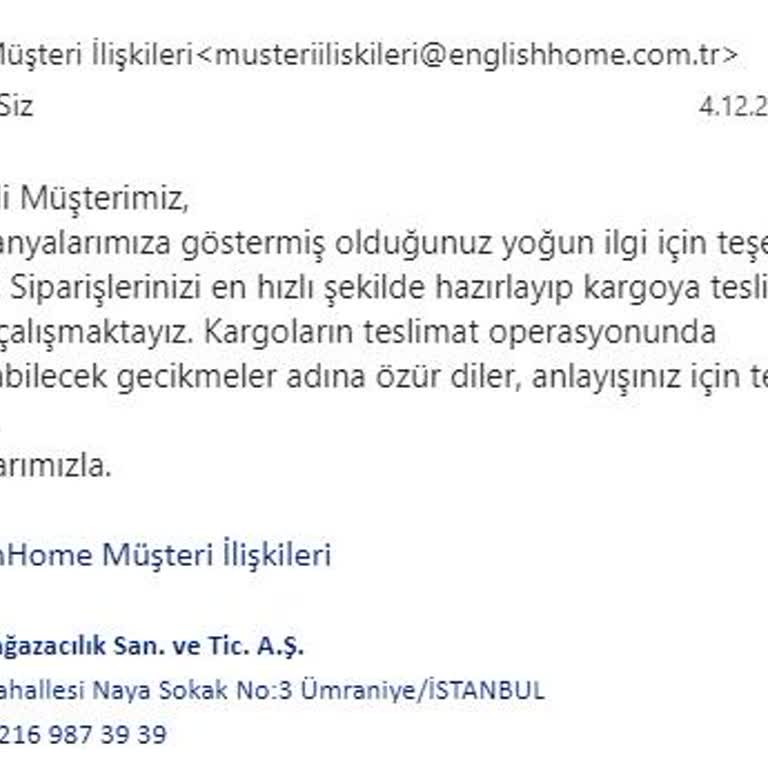 English Home Alışveriş Fiyaskosu Ve Para İadesi Yapmaması