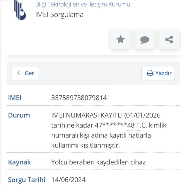BTK (Bilgi Teknolojileri ve İletişim Kurumu) Harcı Ödenmiş IMEI Nin Kısıtlanması?