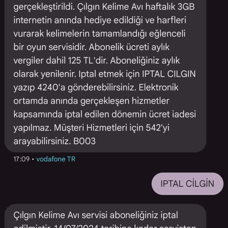 Vodafone Kelime Avı Mesaj 125 TL