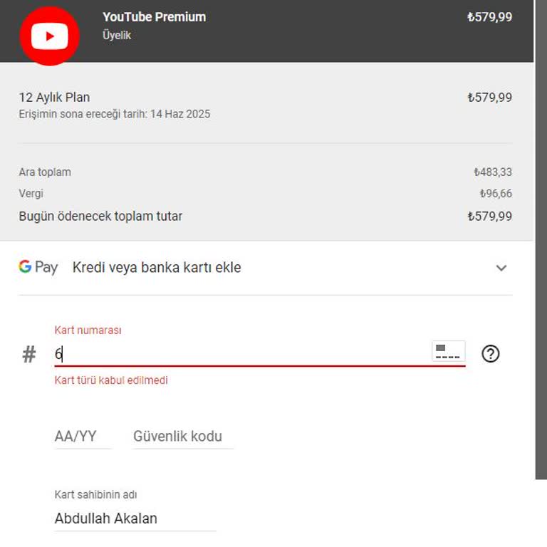 Yapı Kredi Digital Tl Kart GPay Kabul Etmiyor