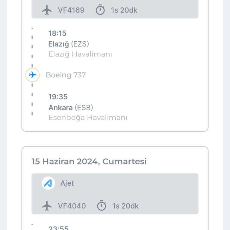 AJet (Anadolu Jet) 15 Haziran Saat 18:15 De Elazığ'dan Kalkması Ve 19:35 De Ankara'da Ora