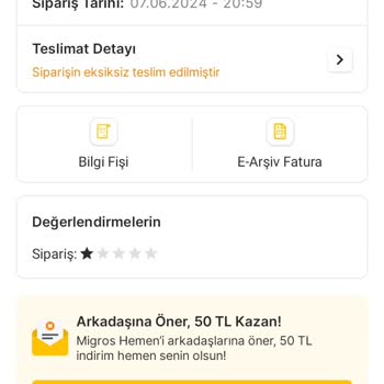 Migros Hemen Eksik Ürün Teslimi İade Olmayan Tutar