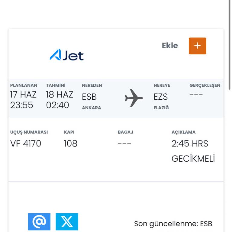 AJet (Anadolu Jet) İzmir-Elazığ Aktarmalı Uçuşu