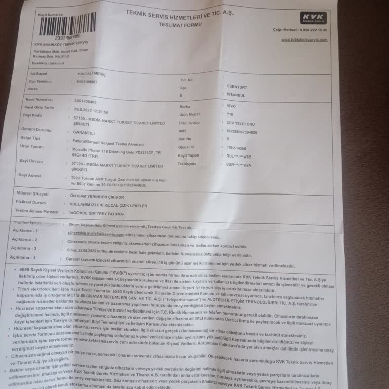 Vivo Y16 Telefon Mağdurum